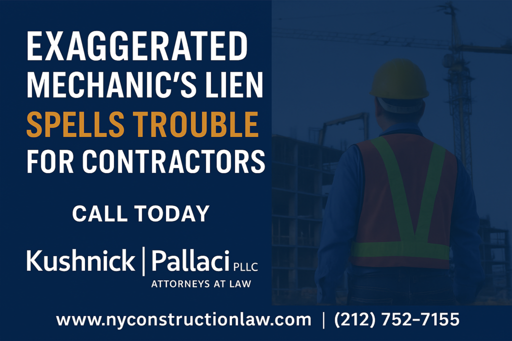 Construction law firm image explaining exaggerated mechanic’s liens and legal risks for contractors in NYC and Long Island