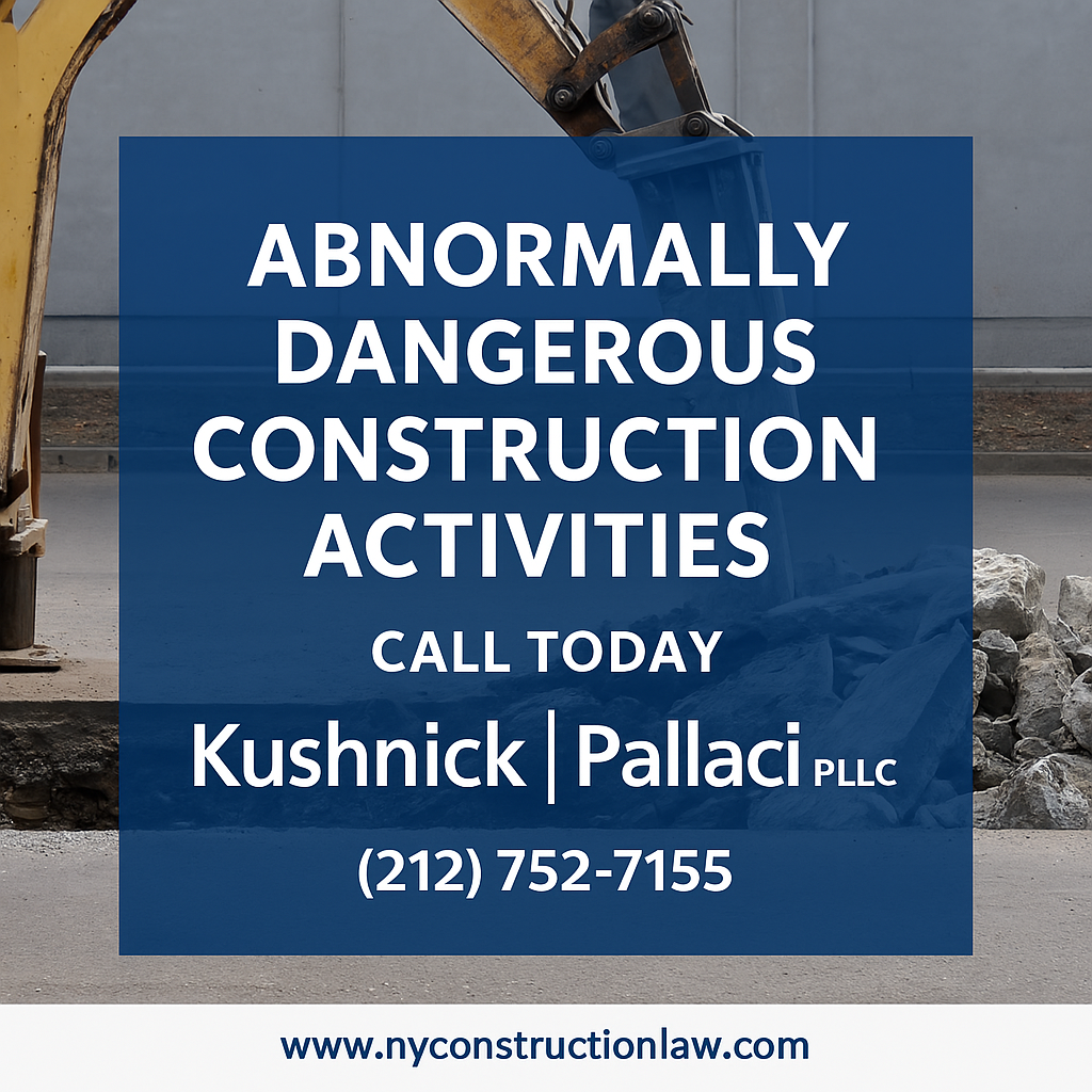 Construction site with legal call to action about abnormally dangerous activities from Kushnick Pallaci PLLC