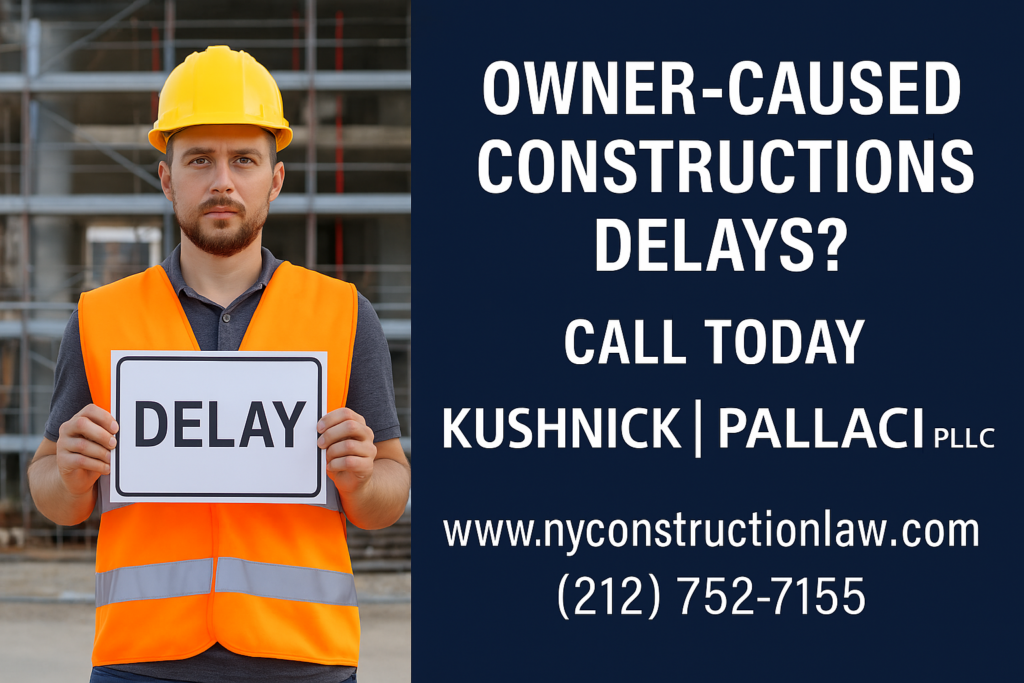 Contractor holding delay sign in front of construction site with info on owner-caused construction delays