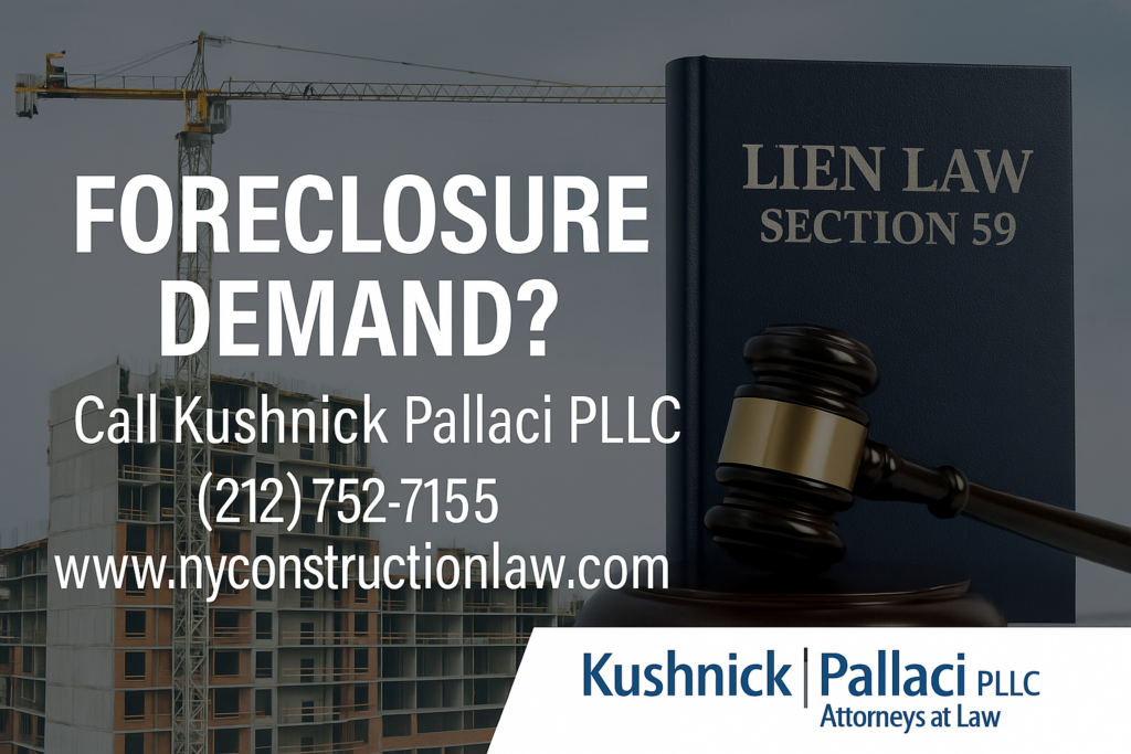Construction site and legal book with gavel labeled Lien Law Section 59, highlighting foreclosure demand issues