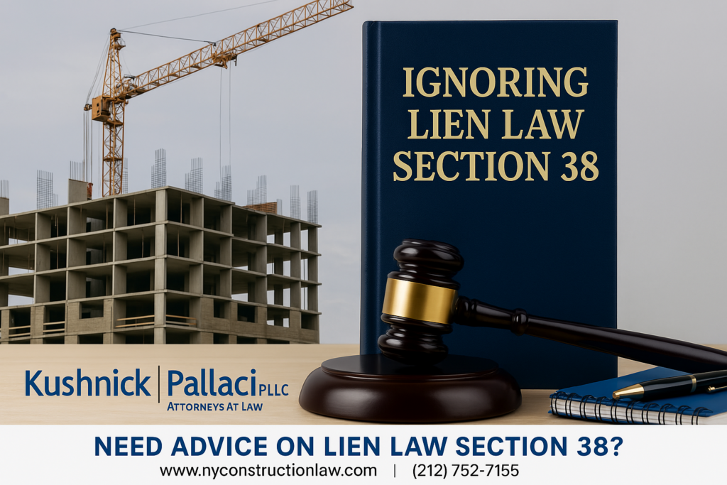 Construction site with book titled Ignoring Lien Law Section 38 and legal gavel