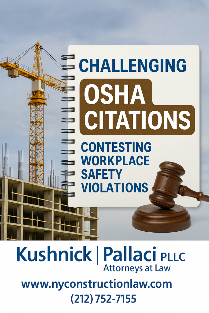 Notebook labeled OSHA citations with crane and construction site in background for contesting safety violations