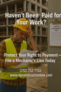 Frustrated NYC contractor reviewing unpaid invoice with construction lawyer – learn how to file a mechanic’s lien to secure payment for construction work