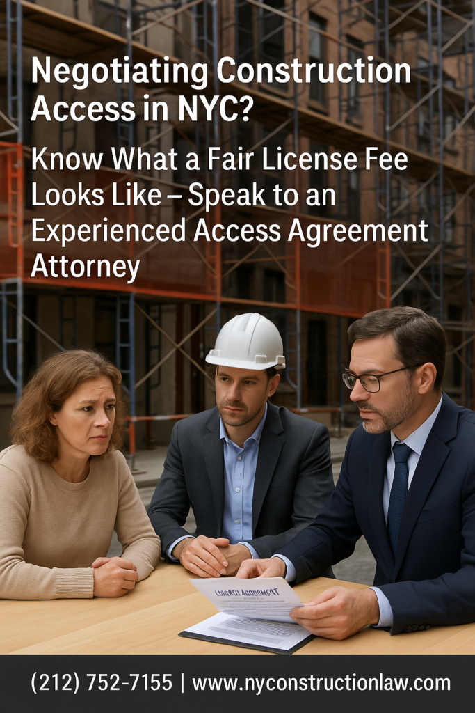 NYC property owner negotiating construction access license fee with developer and attorney – contact Kushnick Pallaci PLLC for guidance on license agreements