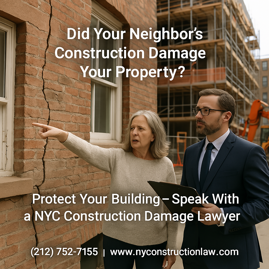 NYC property owner standing next to attorney outside damaged building caused by neighbor’s construction – get legal help from Kushnick Pallaci PLLC