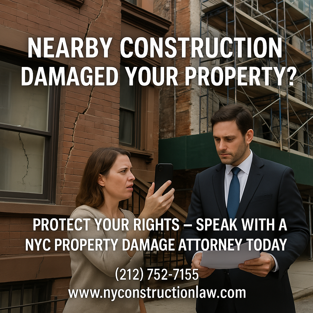 NYC property owner reviewing building damage from nearby construction with a construction attorney – get legal help from Kushnick Pallaci PLL
